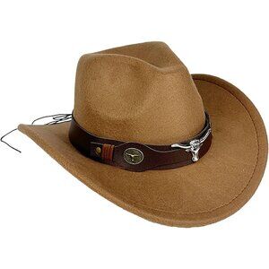 Unisex Camel 100% Polyester Bull Skull Patterned Band Classic Fedora Cowboy Hat